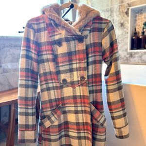 Billabong Plaid Coat Wool Blend Faux Fur Trim Double Breasted Jacket Size